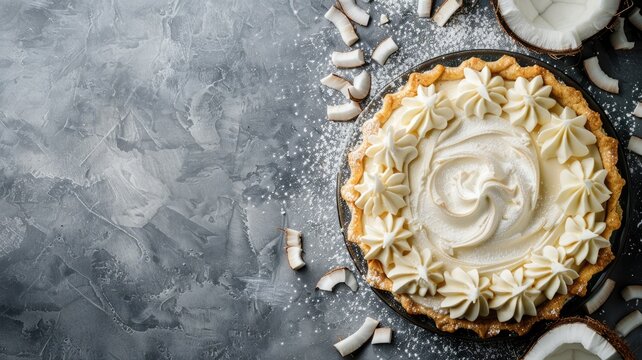 Coconut cream pie on dark textured surface, garnished with whipped and coconut flakes