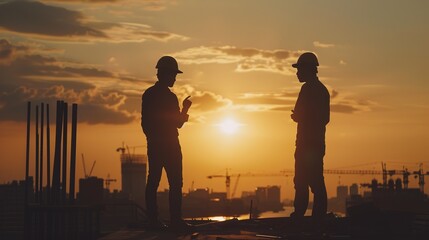 Silhouette of Engineer and worker checking project at building site background, construction site at sunset in evening time.