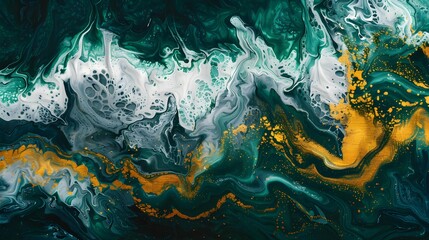 Naklejka premium Acrylic Fluid Art. Dark green waves in abstract ocean and golden foamy waves. Marble effect background or texture
