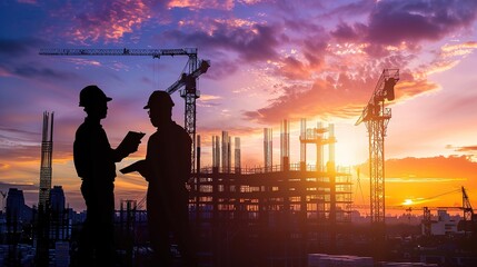 Fototapeta premium Silhouette of Engineer and worker checking project at building site background, construction site at sunset in evening time.