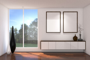 3d rendering illustration of wood and white hanging cabinet drawer in the empty room side the window with frame mock up. Wood parquet floor, white wall finish and white ceiling. Set 1