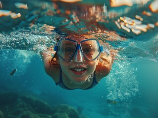Fototapeta premium A girl, woman swimming and smiling underwater, swimming pool, ocean with diving goggles
