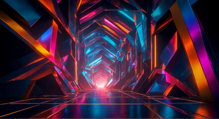 A colorful, neon tunnel with a bright light at the end