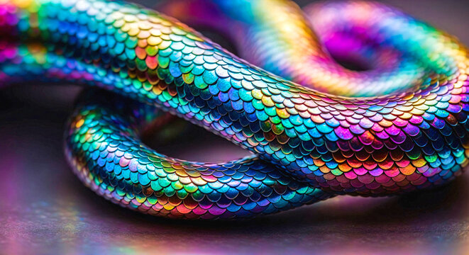 A colorful snake skin with a rainbow tail