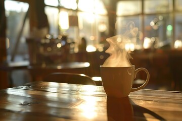 Cup of steaming coffee on a table in the sun