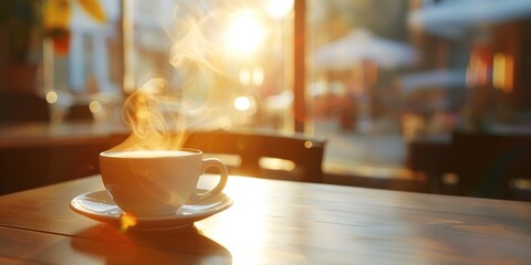 Cup of steaming coffee on a table in the sun