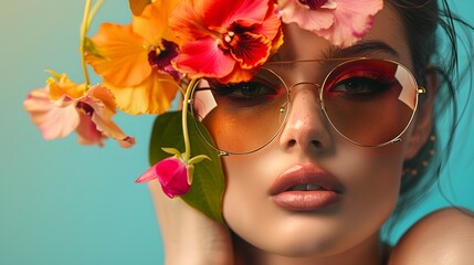 A woman with vibrant flowers delicately placed around her eyes, wearing stylish sunglasses, creating a unique and artistic