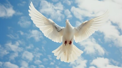 Obraz premium A white bird soars through the sky. White Pigeon a symbol of peace.