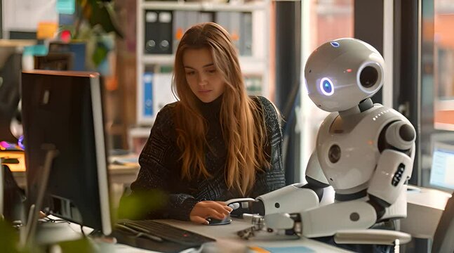 An office scene where a female designer engages in conversation with a sleek and futuristic robot companion.
