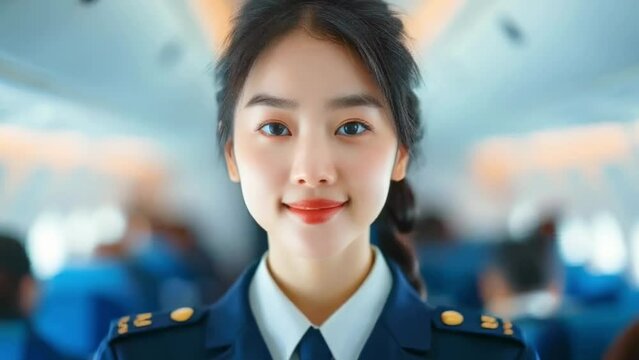 A stunning young asian air hostess or stewardess standing in the aisle of an airplane. High quality 4k footage
