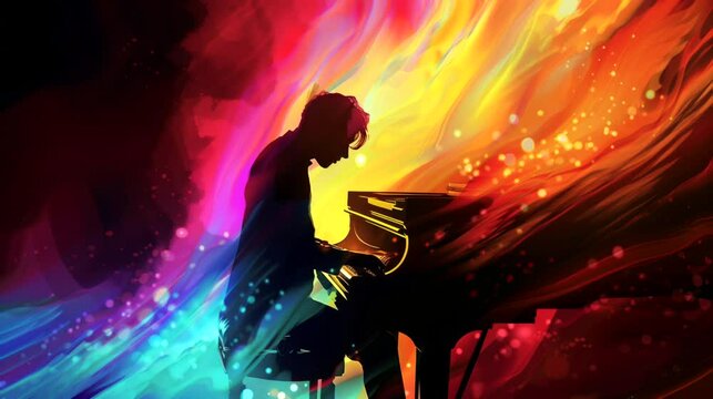 A pianist silhouette with colorful aura, spiritual music. Anime or digital painting style, looping 4k video animation background