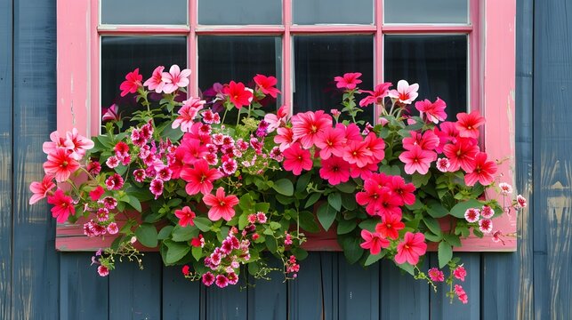 A vibrant window box bursting with pink and red flowers, showcasing natures beauty in full bloom