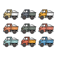 Naklejka premium Hand drawn colorful mini trucks. Cartoon style delivery vehicles, multiple colors. Transportation cargo trucks icons