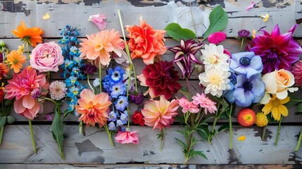 A vibrant collection of various flowers arranged in a bunch and placed on a wooden board