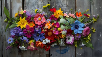 Fototapeta na wymiar A vibrant collection of various flowers arranged in a bunch and placed on a wooden board