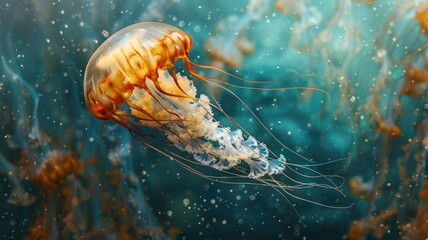 Orange jellyfish swimming underwater with tentacles extended, surrounded by plankton