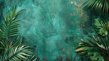 Obraz premium Tropical leaves on textured teal background with paint splatters
