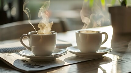 Fototapeta premium A table displaying two steaming cups of coffee alongside a freshly opened newspaper