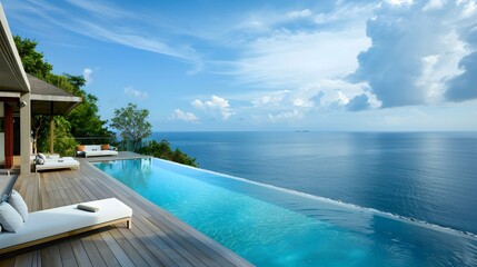 Fototapeta premium A swimming pool perched on a deck overlooking the vast expanse of the ocean, creating a seamless blend of luxury and nature