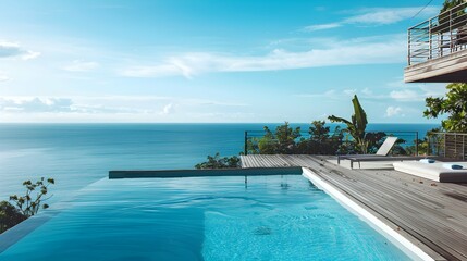 A swimming pool perched on a deck overlooking the vast expanse of the ocean, creating a seamless blend of luxury and nature