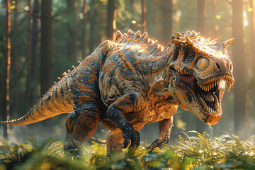 A ferocious Carnotaurus, with its bull-like horns and powerful legs, ambushing prey in dense...