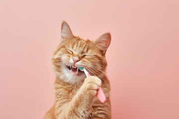 portrait of a cat brushing their teeth. Animal dental hygiene