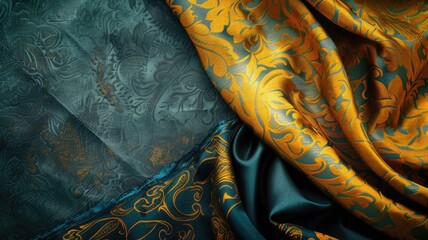 Luxurious blue and gold fabrics with ornate patterns