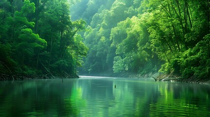A serene river winds its way through a lush forest, its tranquil surface reflecting the verdant trees that line its banks