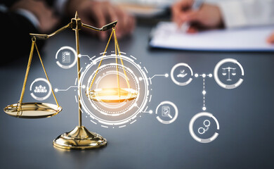 Smart law, legal advice icons and lawyer working tools in the lawyers office showing concept of...