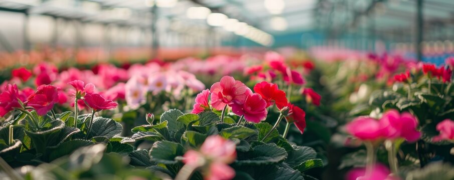Vibrant pink geraniums in a sunlit greenhouse