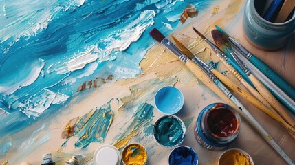 A piece of art depicting a beach scene with azure water, umbrellas, and brushes on a table. The fluid strokes create a leisurely atmosphere AIG50