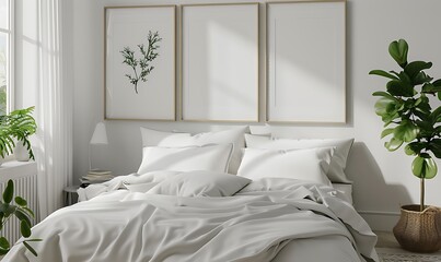 white frame mockup in a cozy, serene bedroom setting