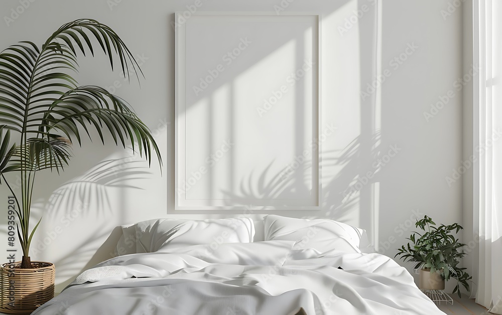 Poster white frame mockup with a neat minimalist bedroom background
