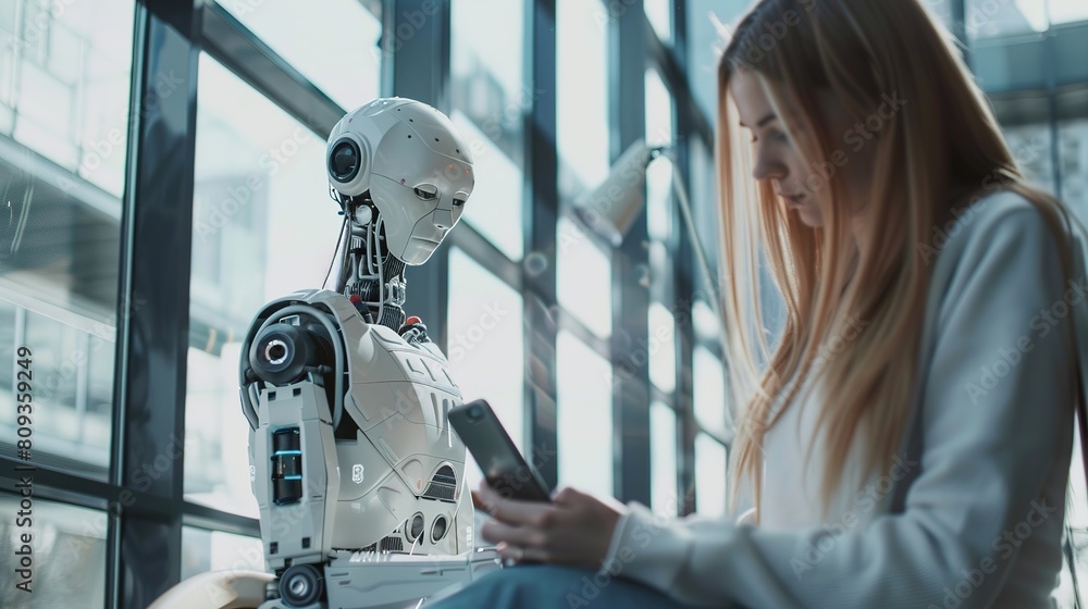 Poster woman using chat bot in smartphone intelligence ai. chat with ai artificial intelligence, developed 