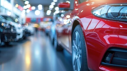 New cars in showroom interior blurred abstract background