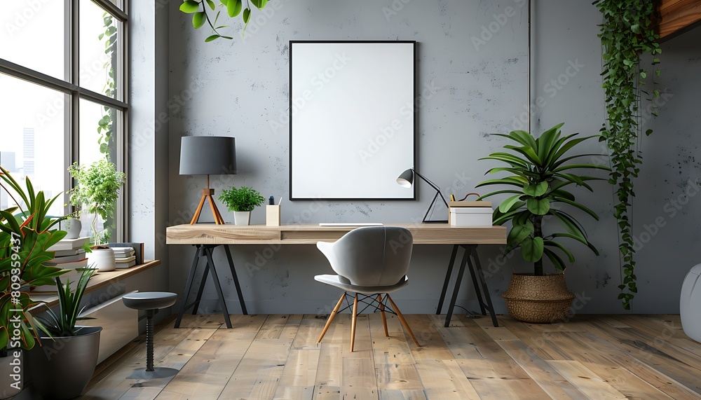 Aufkleber Capture the essence of simplicity with a white frame mockup in a comfortable, clean and minimalist office interior.