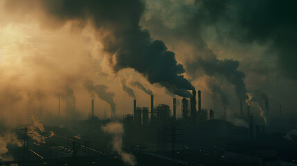 A factory emitting dark smoke into the atmosphere