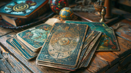 Astrologists : A collection of tarot cards spread out on a wooden surface, with intricate designs, alongside an ornate globe and mysterious objects suggesting divination or mysticism.