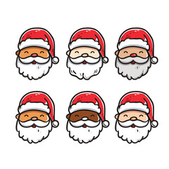 Nine Santa Claus faces diverse ethnicities cartoon cheerful holidays. Multicultural Santa Clauses smiling different skin tones isolated white background. Cute festive Santas illustration diversity - obrazy, fototapety, plakaty