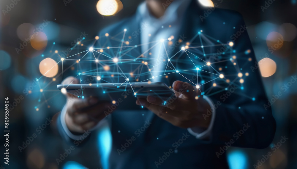 Aufkleber a person using a smartphone and tablet with digital icons of connectivity and network floating above