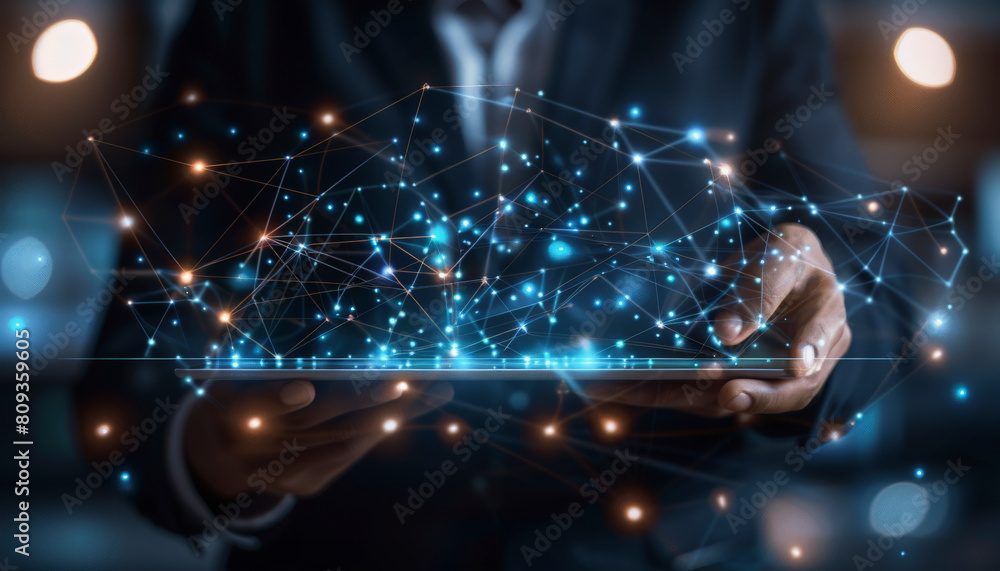 Poster a person in a business suit interacting with a futuristic holographic interface, with digital networ