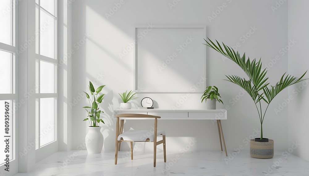 Poster create a white frame mockup in a serene, minimalist office setting, clean lines and simple decor