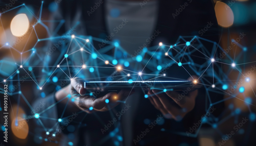Poster a person interacts with a futuristic holographic network interface, symbolizing concepts such as con