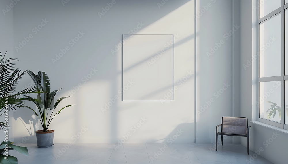 Poster create a white frame mockup in a serene, minimalist office setting, clean lines and simple decor