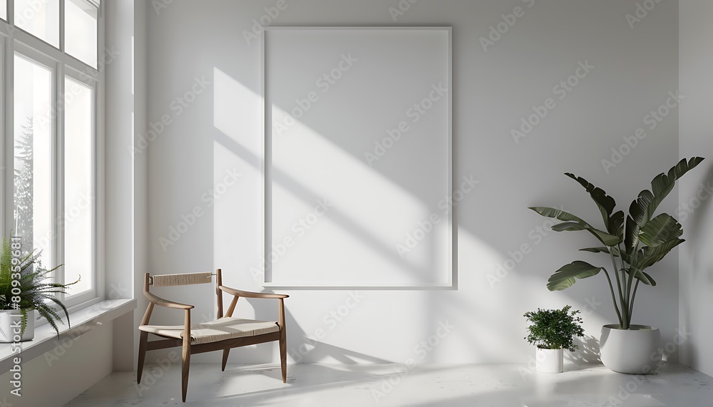 Poster create a white frame mockup in a serene, minimalist office setting, clean lines and simple decor
