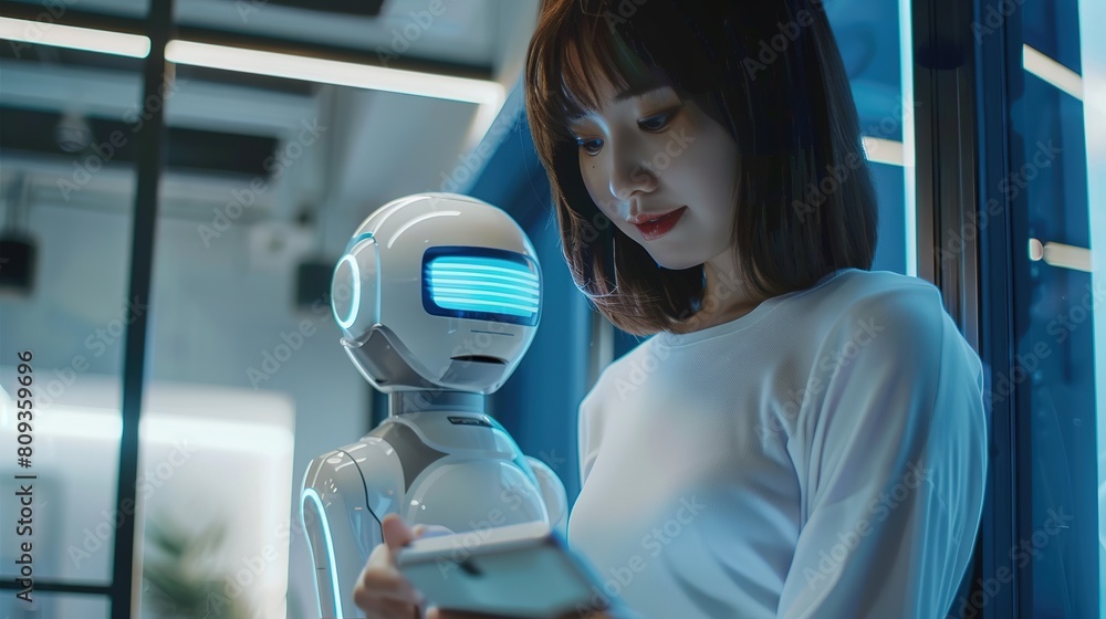 Poster woman using chat bot in smartphone intelligence ai. chat with ai artificial intelligence, developed 