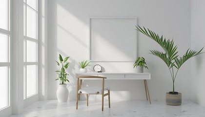 Create a white frame mockup in a serene, minimalist office setting, clean lines and simple decor