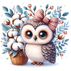 winter cute owl with cotton flowers bouquet watercolor vector illustration