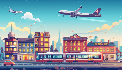A stylized cityscape at dusk featuring buildings, a tram, a car, and an airplane flying in the sky, portraying urban transportation and architecture.