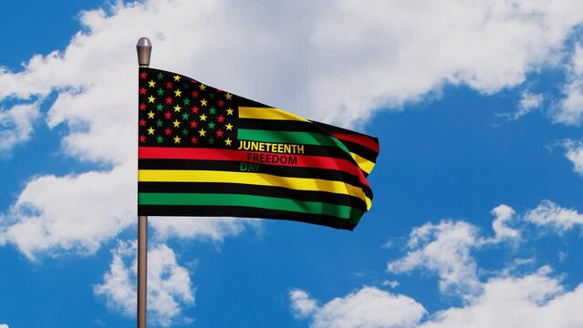 Juneteenth Flag waving on a background of sunset or sunrise. Since 1865. 3D rendering.